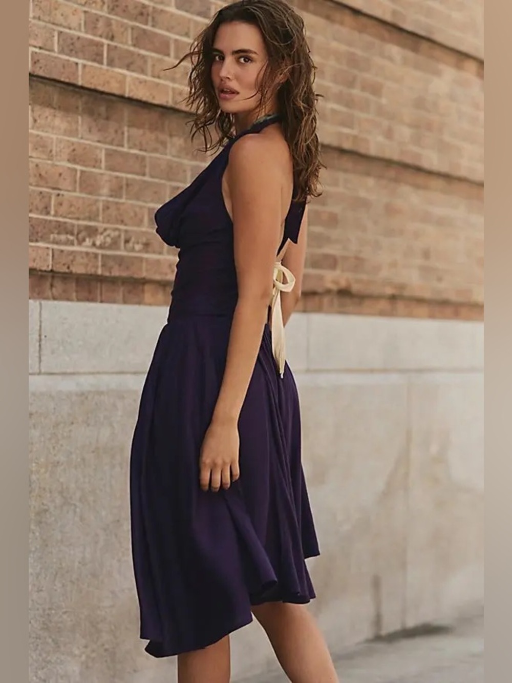 Free People Jayna halter neck midi dress with tie back detail in dusty plum,